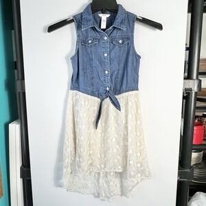 Guess Girls Size L Denim Lace Dress Sleeveless Chambray Tie Front **RUNS SMALL**